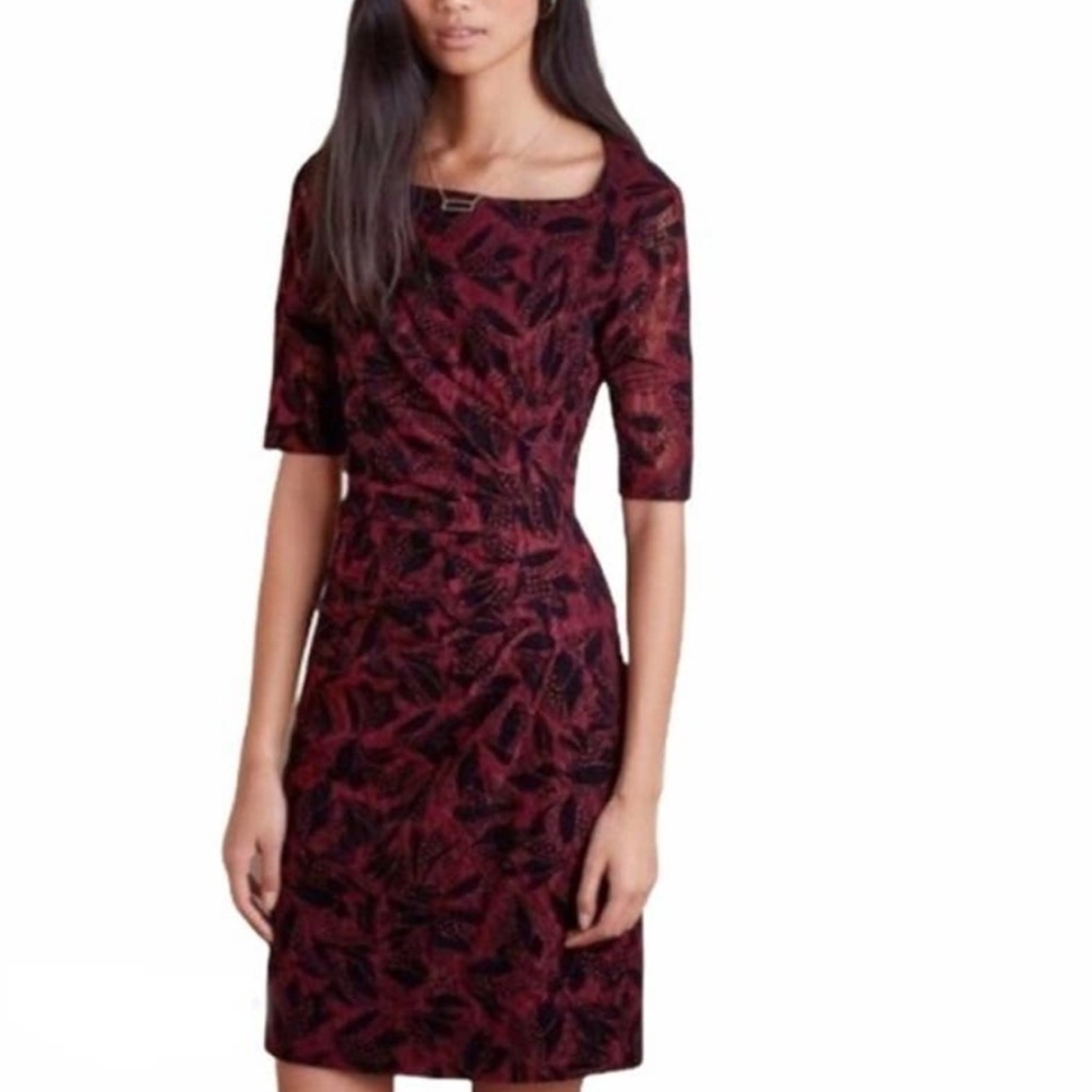 ANTHROPOLOGIE Maeve Elorn Wine Fitted Ruched Waist Lace Sheath Maroon Dress